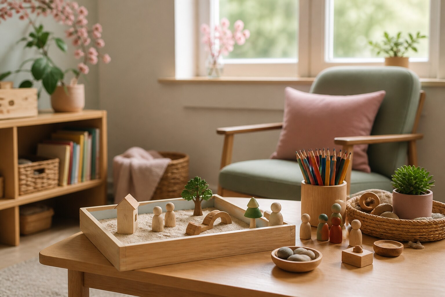 A warm child therapy room with a sand tray, wooden figures and coloured pencils arranged on a low table.
