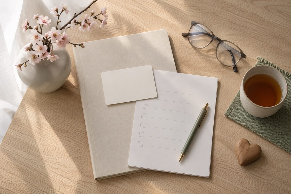 A warm overhead view of a folder, blank card, checklist, reading glasses, cup of tea and cherry blossom on a pale wooden desk.